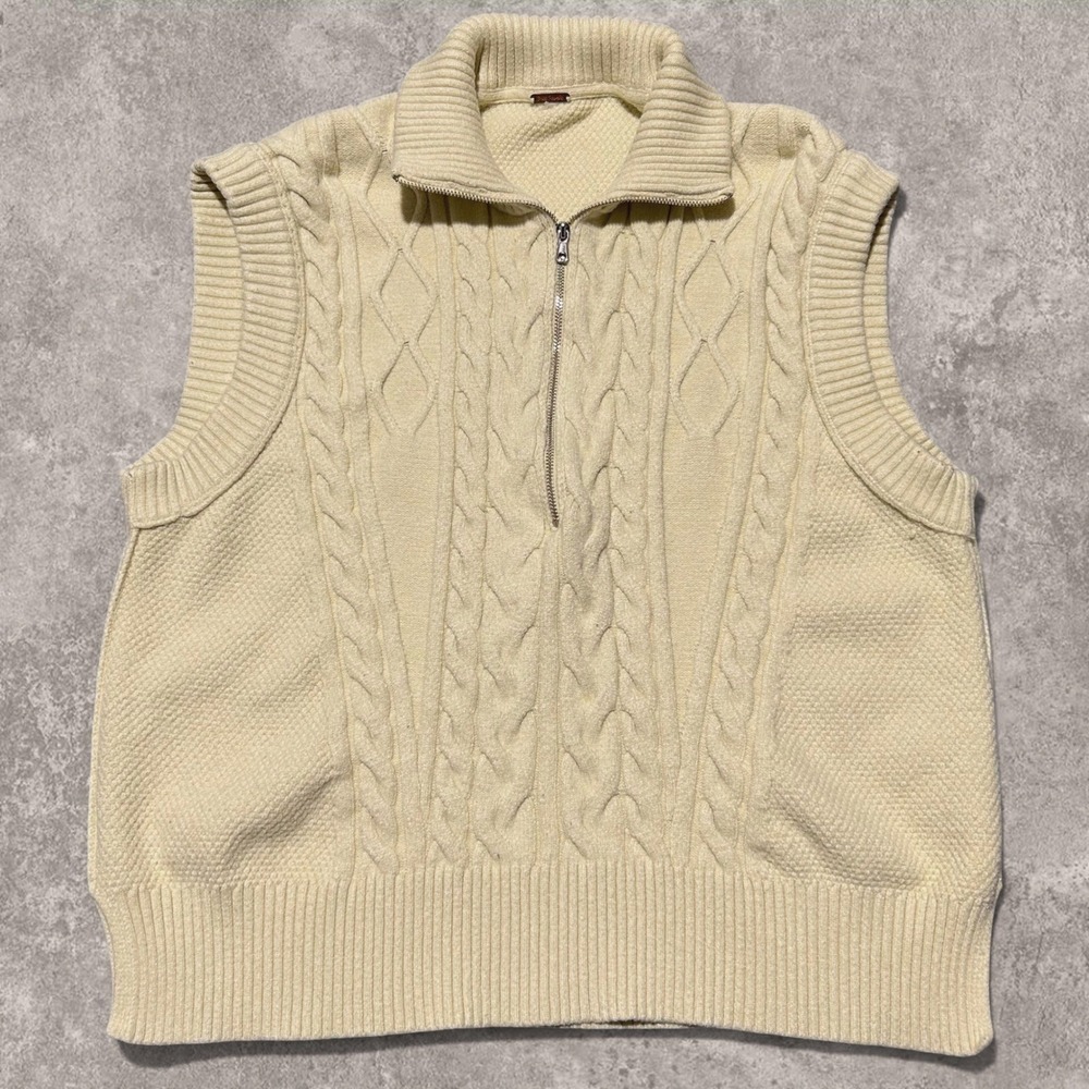 Free People Cable Knit Quarter Zip Sweater Vest Ivory Yellow Boho Retro Size L